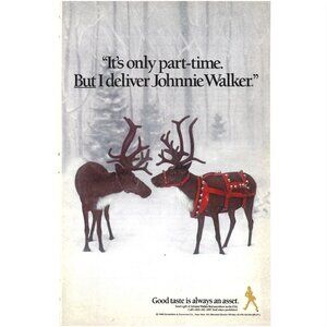 Johnny Walker Red Delivered by Reindeers Christmas 1980s Vintage Print Ad